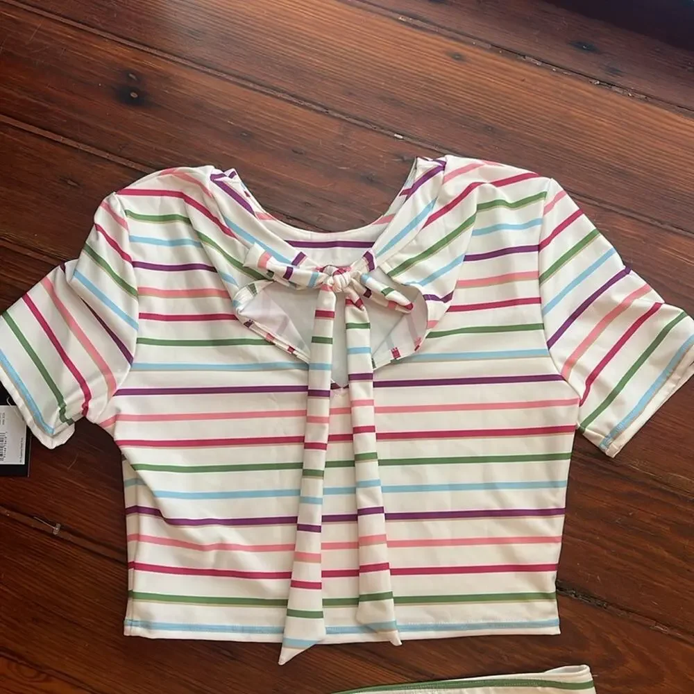 NWT Kate Spade striped short sleeve crewneck modest bikini swimsuit set sz L
